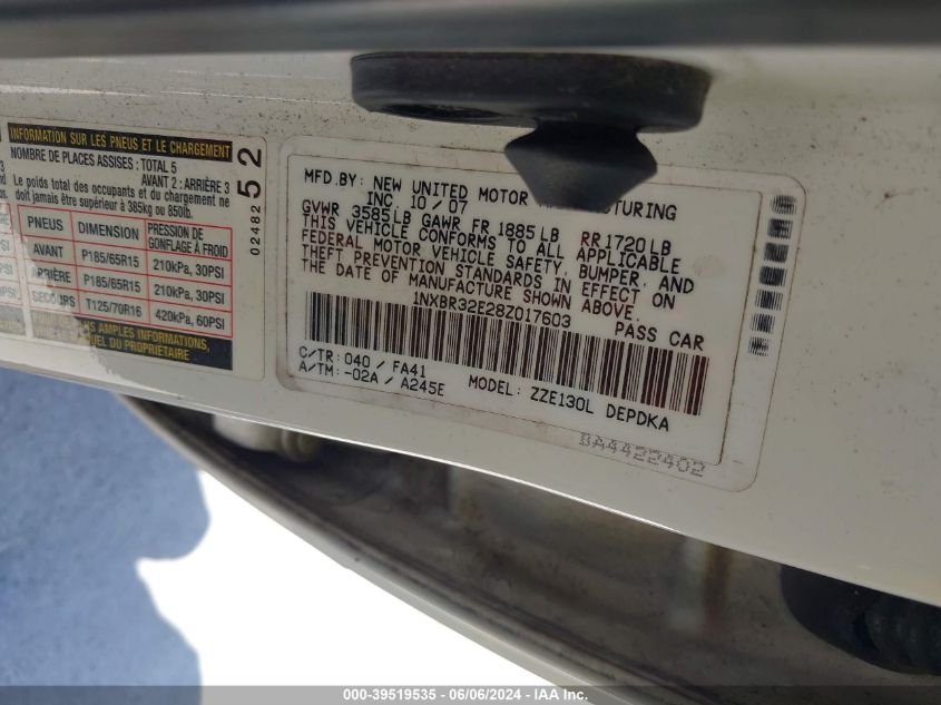 2008 Toyota Corolla Ce VIN: 1NXBR32E28Z017603 Lot: 39519535