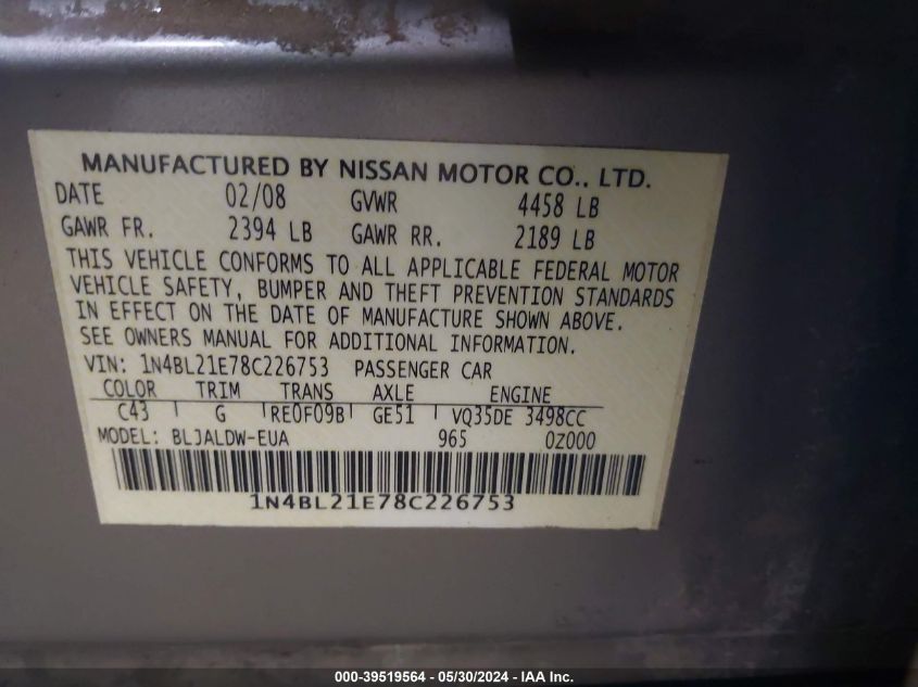 2008 Nissan Altima 3.5 Se VIN: 1N4BL21E78C226753 Lot: 39519564