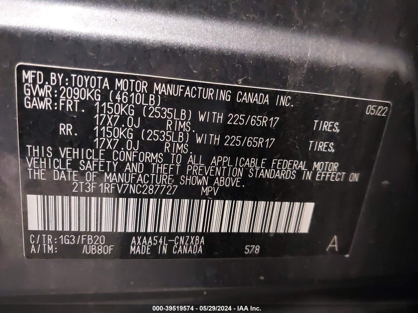 2022 Toyota Rav4 Le VIN: 2T3F1RFV7NC287727 Lot: 39519574