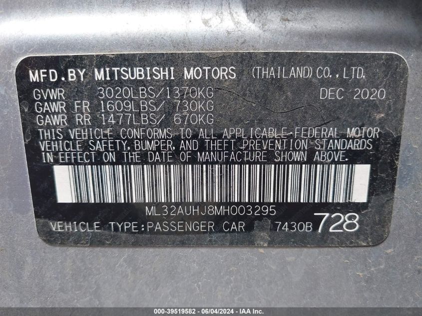 2021 Mitsubishi Mirage Carbonite Edition/Es/Le VIN: ML32AUHJ8MH003295 Lot: 39519582