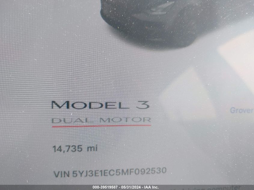 2021 Tesla Model 3 Performance Dual Motor All-Wheel Drive VIN: 5YJ3E1EC5MF092530 Lot: 39519587