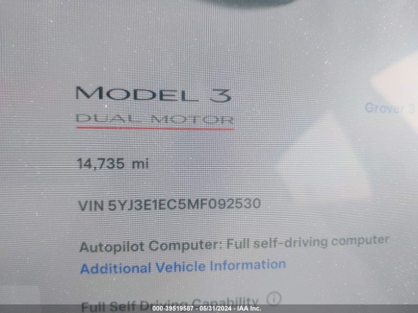 2021 Tesla Model 3 Performance Dual Motor All-Wheel Drive VIN: 5YJ3E1EC5MF092530 Lot: 39519587