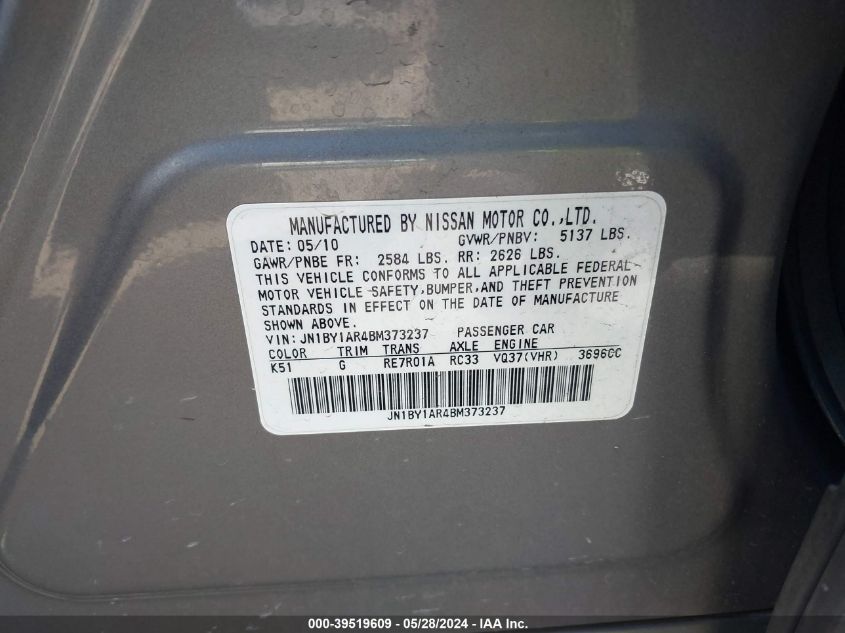 2011 Infiniti M37X VIN: JN1BY1AR4BM373237 Lot: 39519609