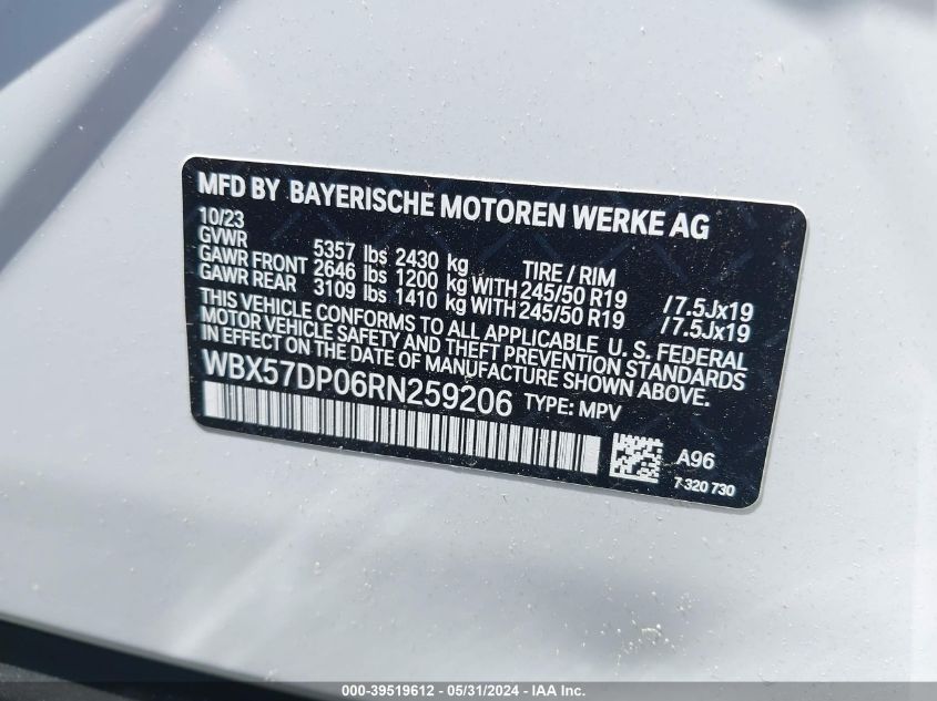 2024 BMW X3 xDrive30I VIN: WBX57DP06RN259206 Lot: 39519612