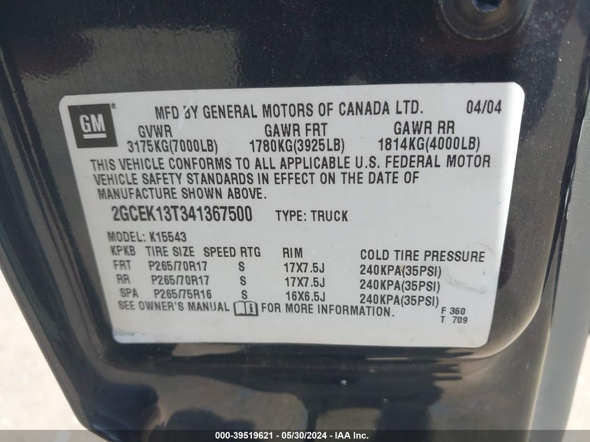 2004 Chevrolet Silverado 1500 Z71 VIN: 2GCEK13T341367500 Lot: 39519621