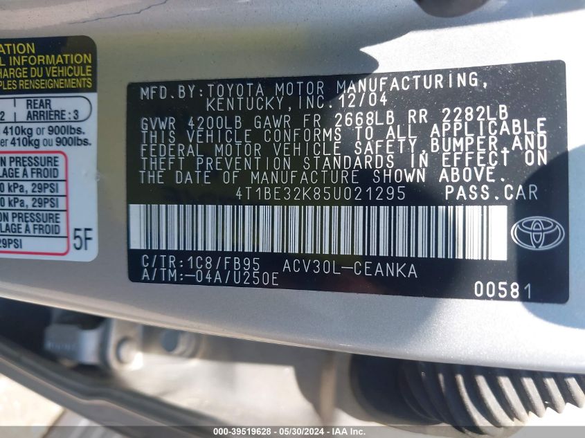 2005 Toyota Camry Le VIN: 4T1BE32K85U021295 Lot: 39519628