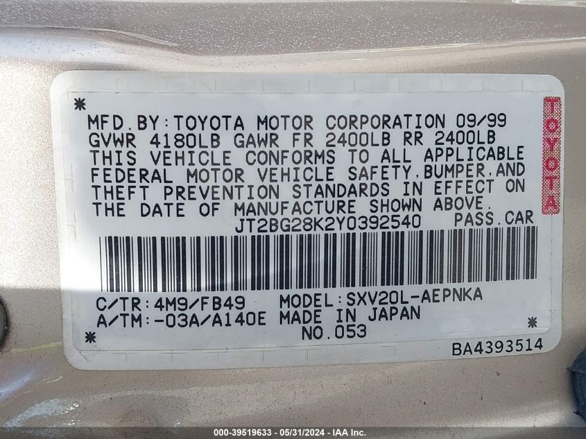 JT2BG28K2Y0392540 2000 Toyota Camry Le