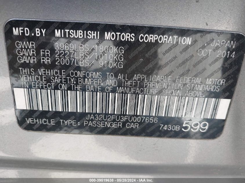 2015 Mitsubishi Lancer Es VIN: JA32U2FU3FU007656 Lot: 39519638