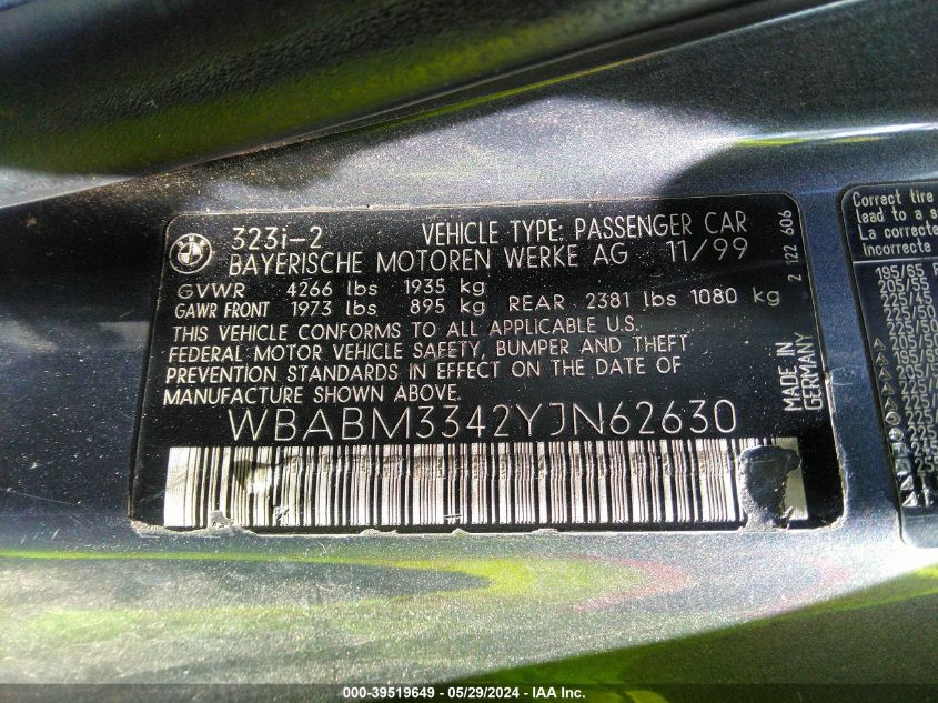 2000 BMW 323Ci VIN: WBABM3342YJN62630 Lot: 39519649