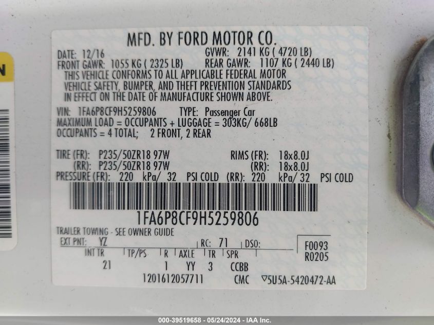 2017 Ford Mustang Gt VIN: 1FA6P8CF9H5259806 Lot: 39519658