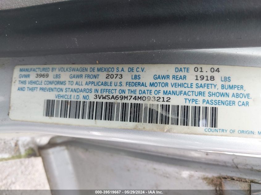 2004 Volkswagen Jetta Gls 2.0L VIN: 3VWSA69M74M093212 Lot: 39519667