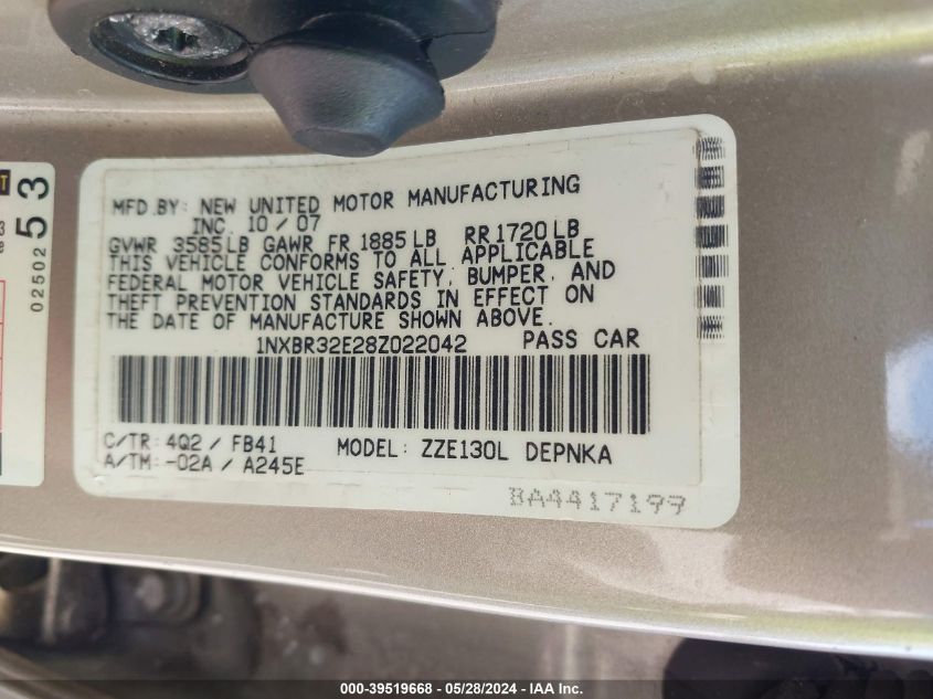 2008 Toyota Corolla Le VIN: 1NXBR32E28Z022042 Lot: 39519668