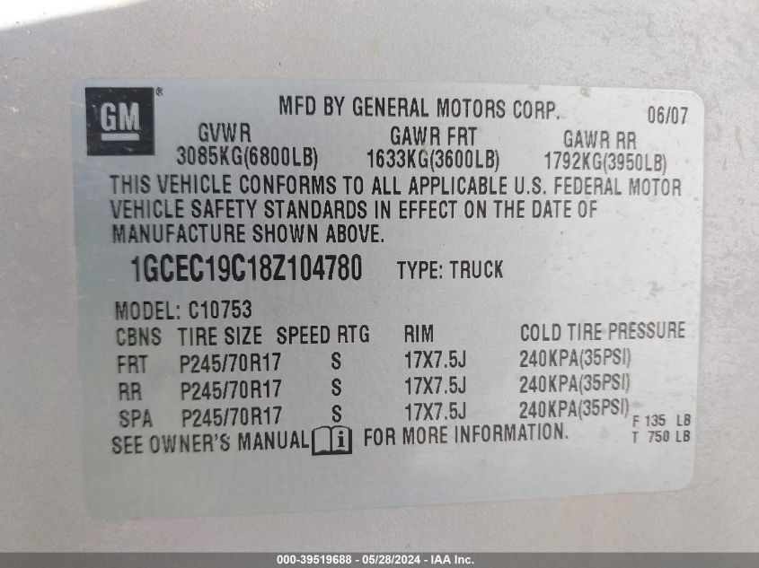 2008 Chevrolet Silverado 1500 Lt1 VIN: 1GCEC19C18Z104780 Lot: 39519688