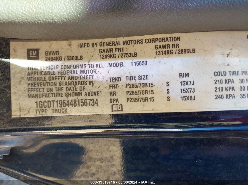 2004 Chevrolet Colorado Ls VIN: 1GCDT196448156734 Lot: 39519716