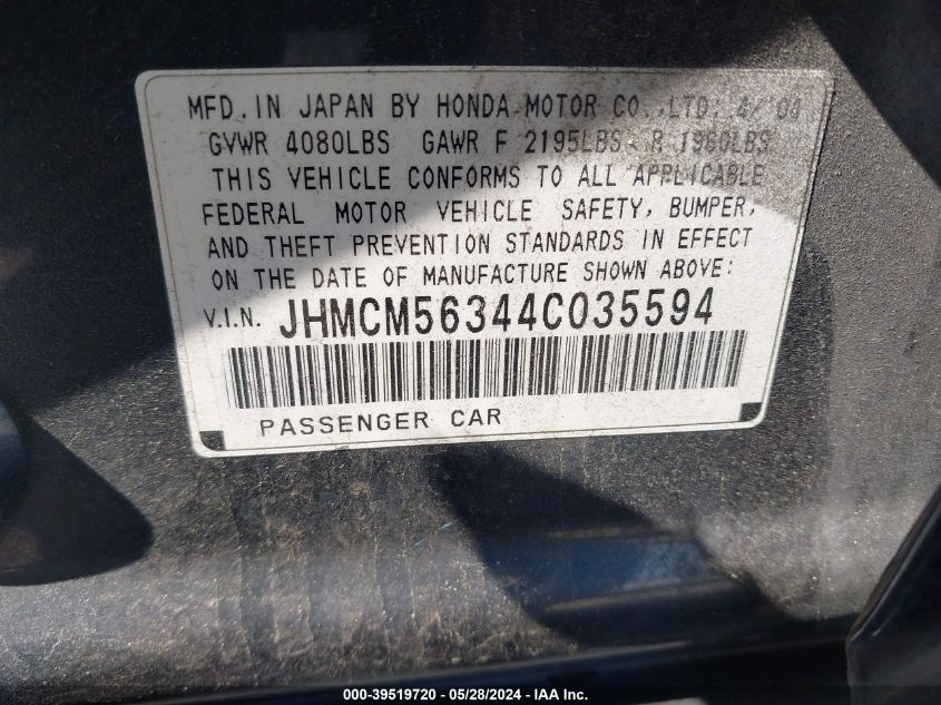 2004 Honda Accord 2.4 Lx VIN: JHMCM56344C035594 Lot: 39519720