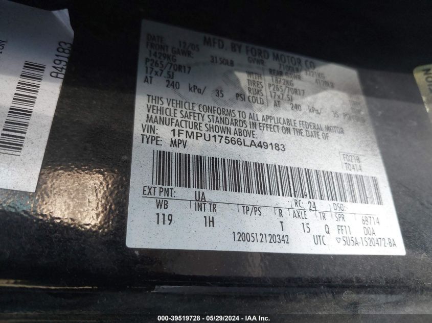 2006 Ford Expedition Eddie Bauer/King Ranch VIN: 1FMPU17566LA49183 Lot: 39519728