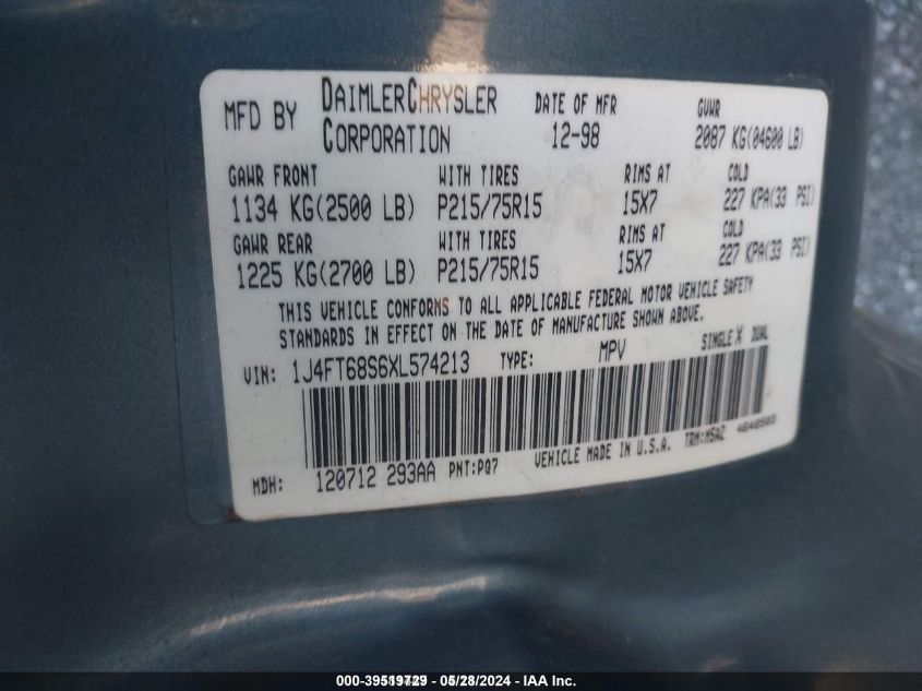 1999 Jeep Cherokee Classic/Sport VIN: 1J4FT68S6XL574213 Lot: 39519729