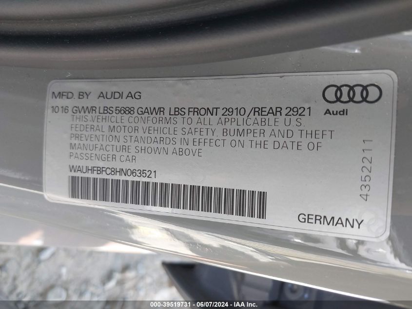 2017 Audi S6 4.0T Premium Plus VIN: WAUHFBFC8HN063521 Lot: 39519731