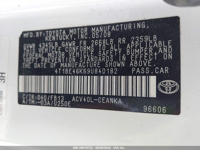 2009 Toyota Camry Se/Le/Xle VIN: 4T1BE46K69U840182 Lot: 39519732