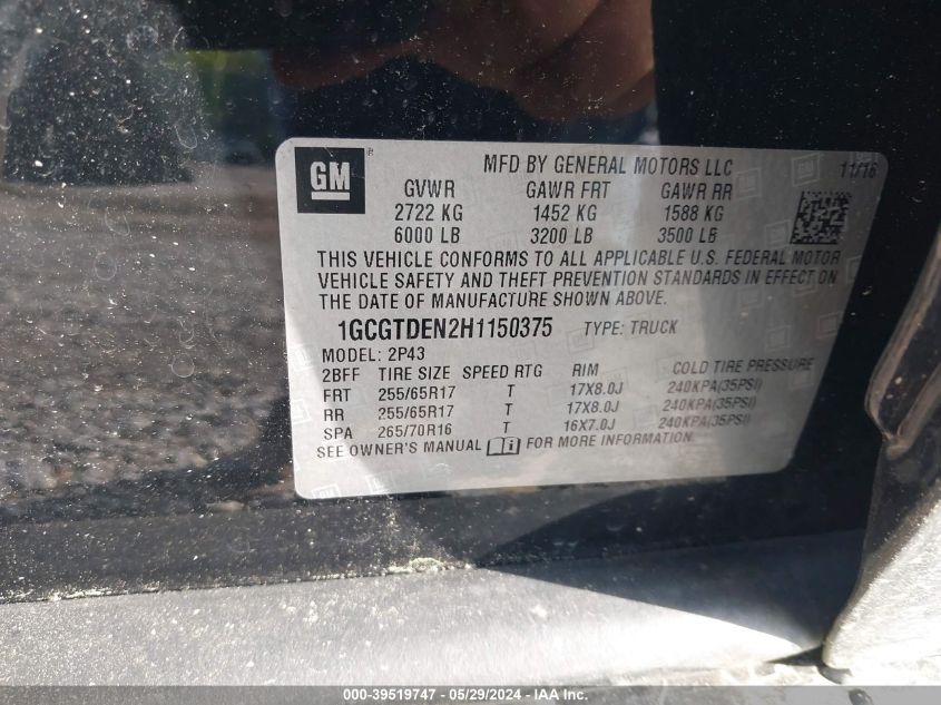 2017 Chevrolet Colorado Z71 VIN: 1GCGTDEN2H1150375 Lot: 39519747