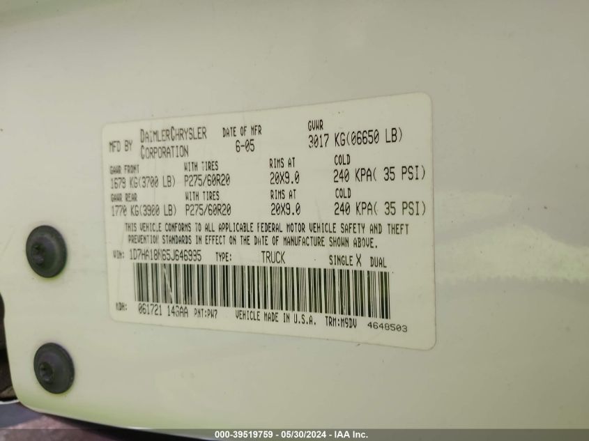 2005 Dodge Ram 1500 Slt/Laramie VIN: 1D7HA18N65J646995 Lot: 39519759