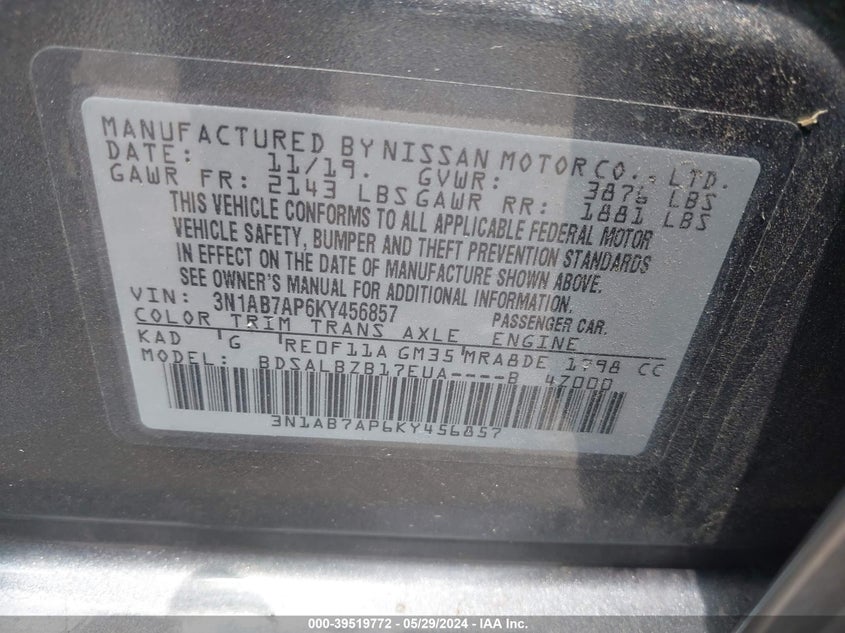 VIN 3N1AB7AP6KY456857 2019 NISSAN SENTRA S/SV/SR/SL