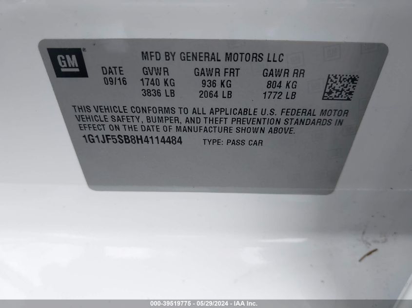 2017 Chevrolet Sonic Premier Auto VIN: 1G1JF5SB8H4114484 Lot: 39519775