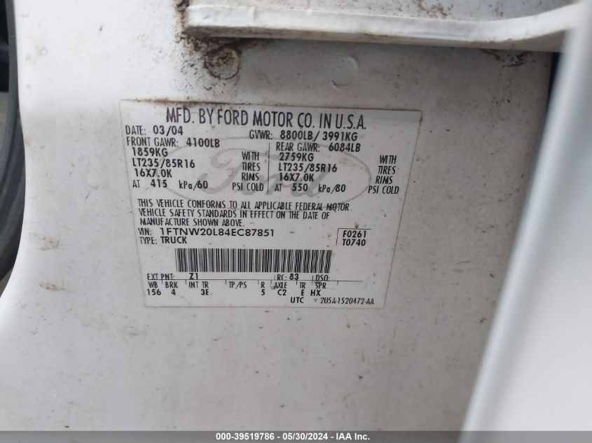 2004 Ford F-250 Lariat/Xl/Xlt VIN: 1FTNW20L84EC87851 Lot: 39519786