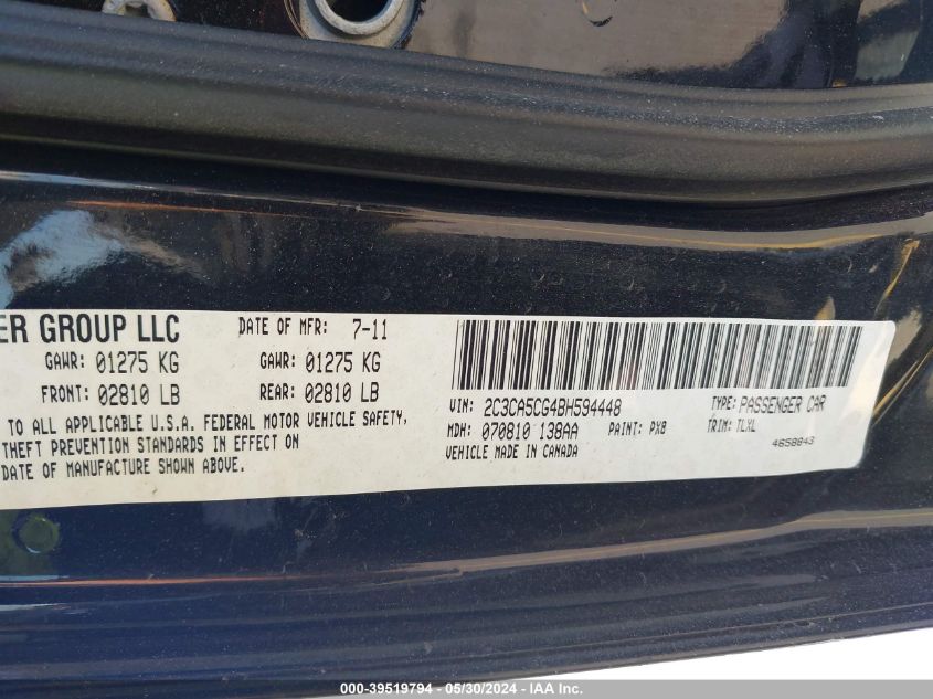 2011 Chrysler 300 Limited VIN: 2C3CA5CG4BH594448 Lot: 39519794