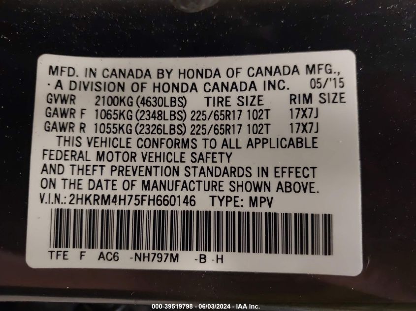 2015 Honda Cr-V Ex-L VIN: 2HKRM4H75FH660146 Lot: 39519798