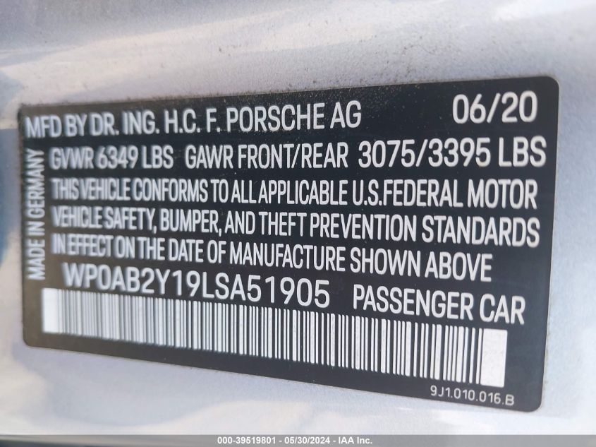 2020 Porsche Taycan 4S VIN: WP0AB2Y19LSA51905 Lot: 39519801