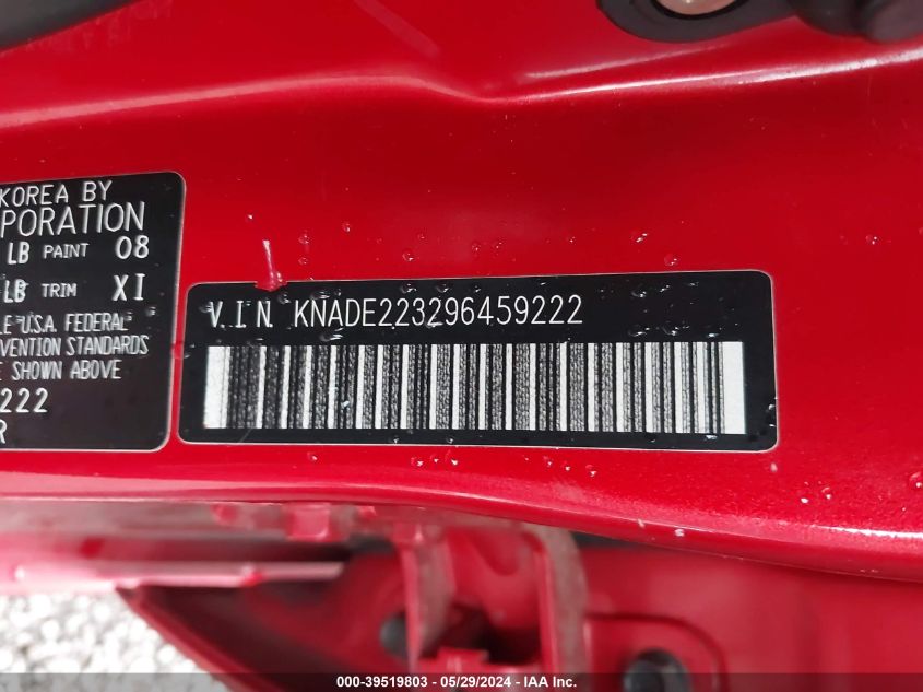 2009 Kia Rio Lx VIN: KNADE223296459222 Lot: 39519803