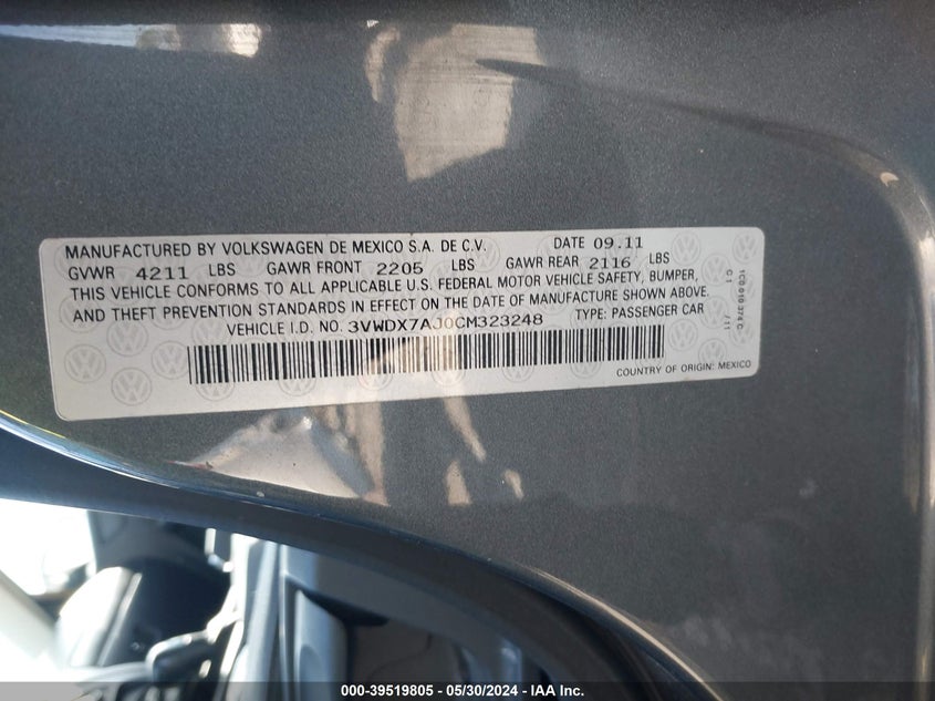 2012 Volkswagen Jetta 2.5L Se VIN: 3VWDX7AJ0CM323248 Lot: 39519805