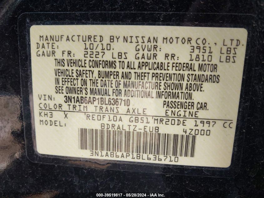 2011 Nissan Sentra 2.0Sr VIN: 3N1AB6AP1BL636710 Lot: 39519817