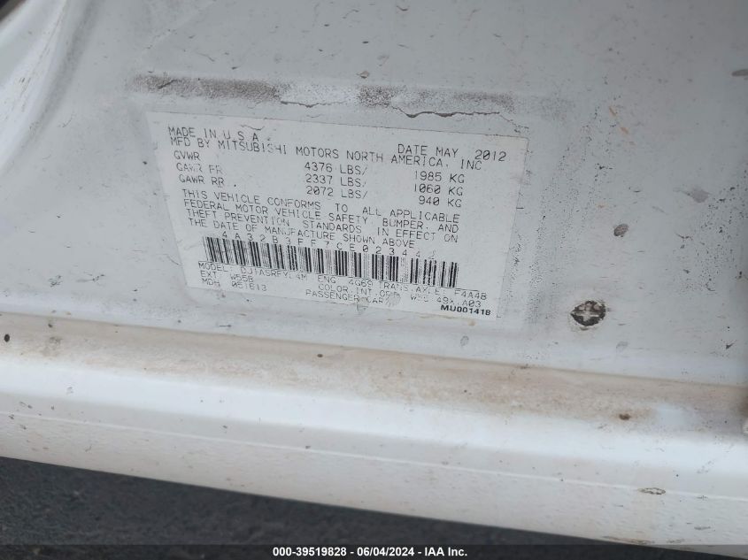 2012 Mitsubishi Galant Es/Se VIN: 4A32B3FF7CE023442 Lot: 39519828