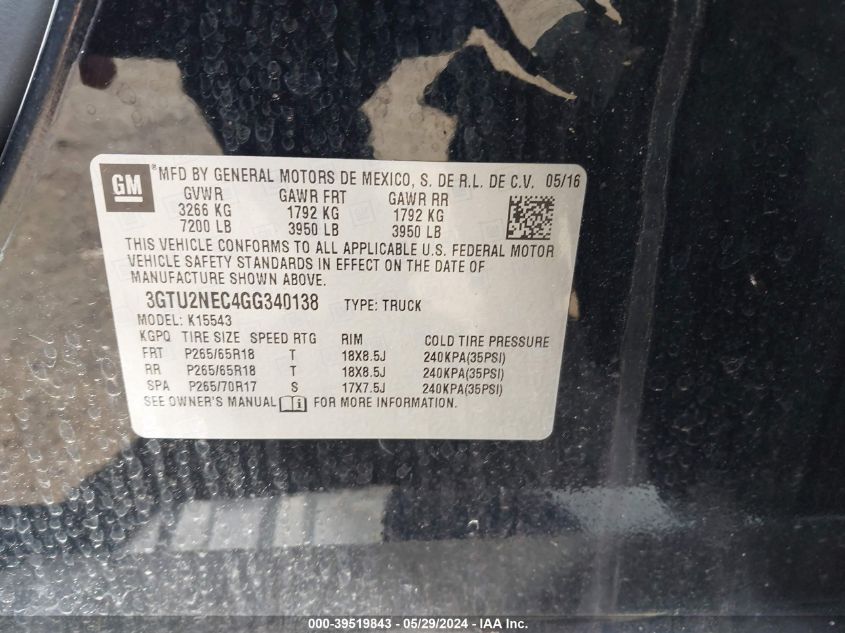 2016 GMC Sierra 1500 Slt VIN: 3GTU2NEC4GG340138 Lot: 39519843