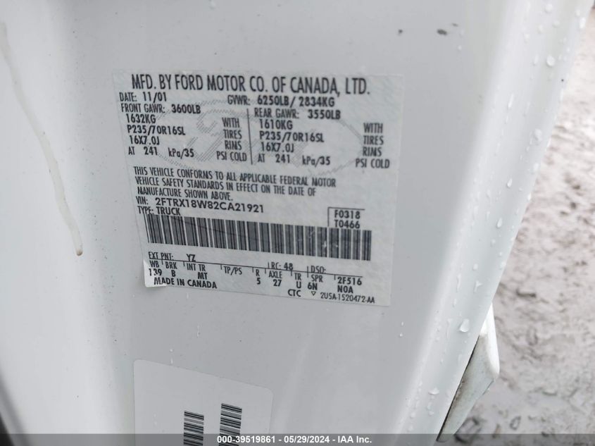 2002 Ford F-150 Lariat/Xl/Xlt VIN: 2FTRX18W82CA21921 Lot: 39519861