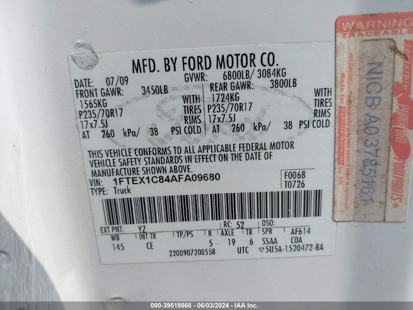 2010 Ford F-150 Xl VIN: 1FTEX1C84AFA09680 Lot: 39519868