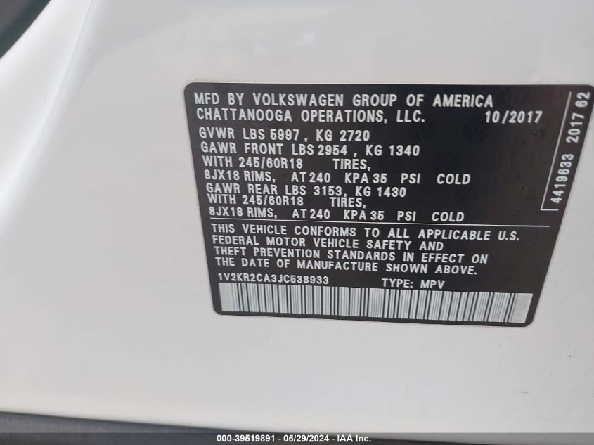 1V2KR2CA3JC538933 2018 Volkswagen Atlas 3.6L V6 Se