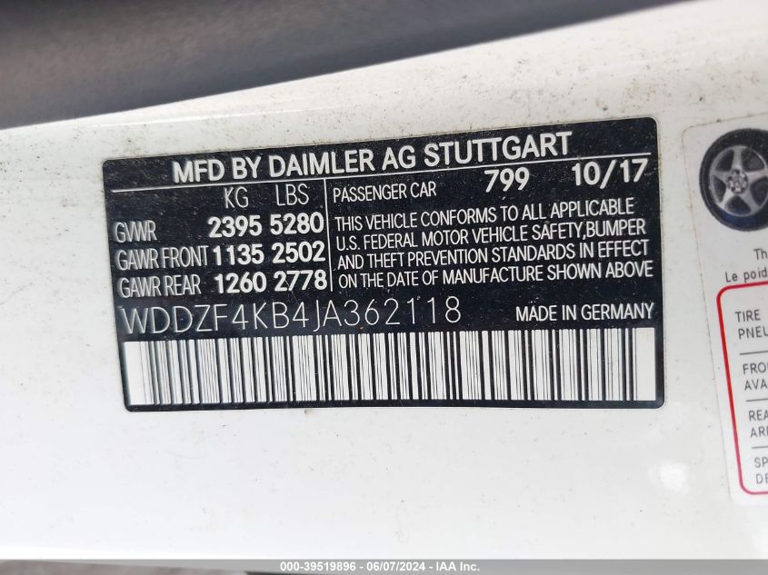 2018 Mercedes-Benz E 300 4Matic VIN: WDDZF4KB4JA362118 Lot: 39519896