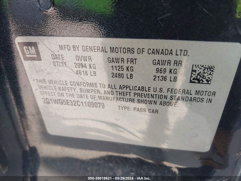 2012 Chevrolet Impala Lt VIN: 2G1WG5E32C1109079 Lot: 39519921