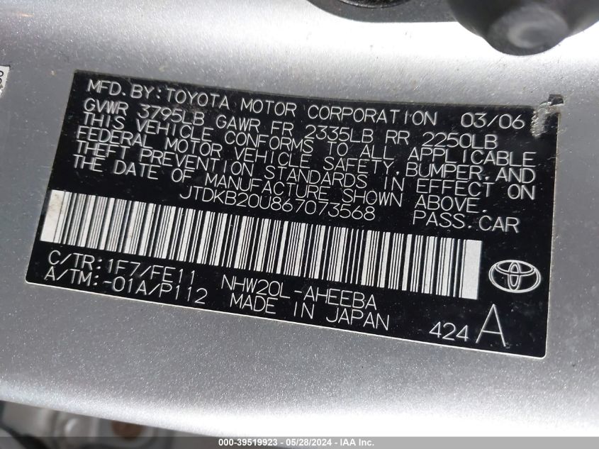 2006 Toyota Prius VIN: JTDKB20U867073568 Lot: 39519923