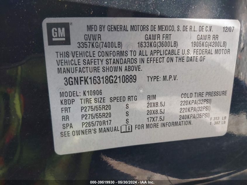2008 Chevrolet Suburban 1500 Ltz VIN: 3GNFK16318G210889 Lot: 39519930