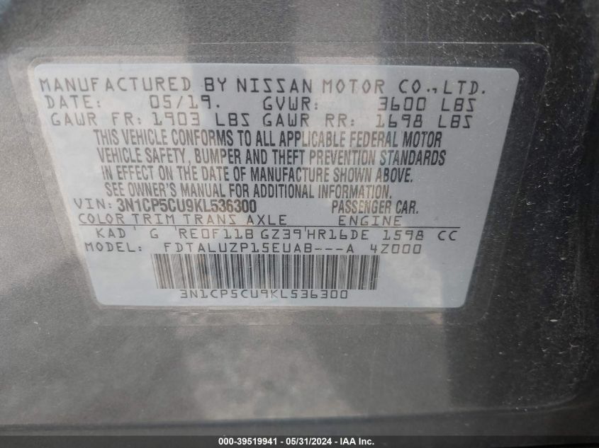 2019 Nissan Kicks S/Sr/Sv VIN: 3N1CP5CU9KL536300 Lot: 39519941