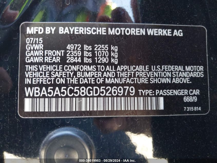 2016 BMW 528I VIN: WBA5A5C58GD526979 Lot: 39519953