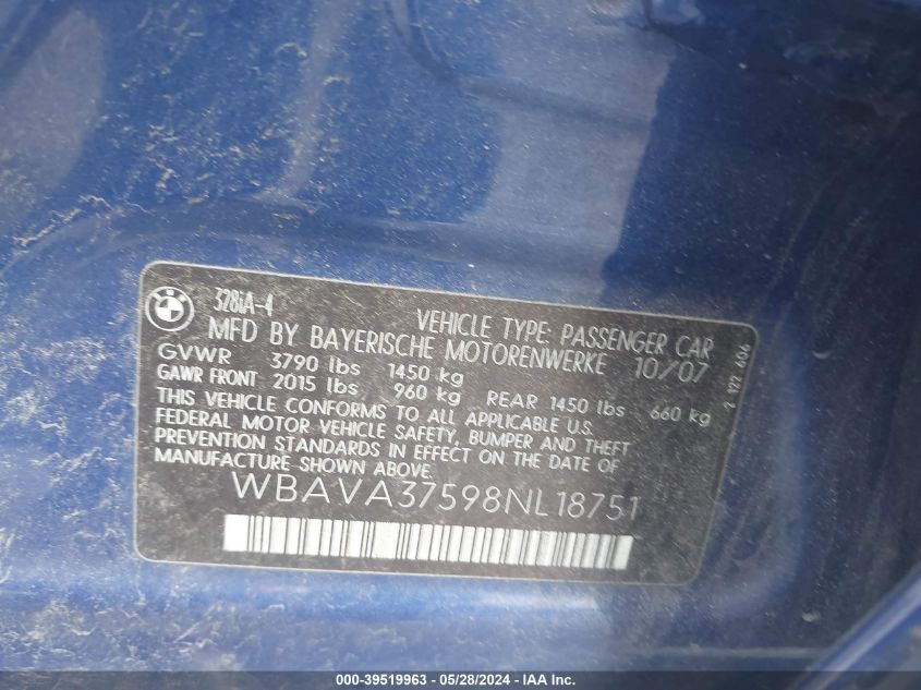2008 BMW 328I VIN: WBAVA37598NL18751 Lot: 39519963