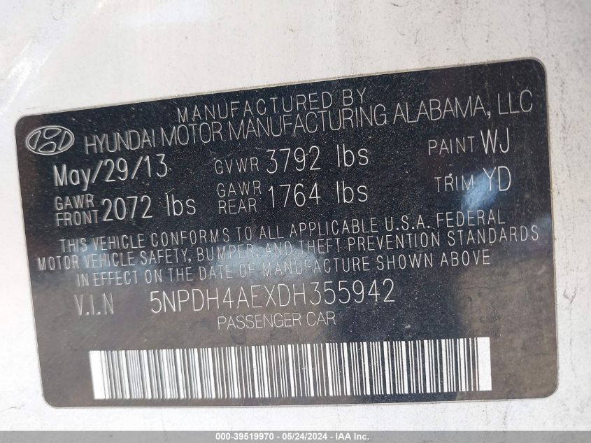 2013 Hyundai Elantra Gls VIN: 5NPDH4AEXDH355942 Lot: 39519970