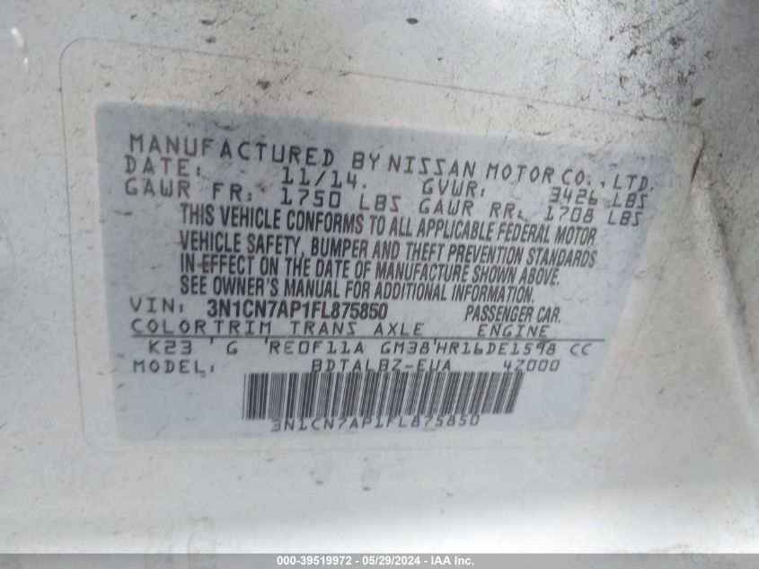 2015 Nissan Versa 1.6 Sv VIN: 3N1CN7AP1FL875850 Lot: 39519972