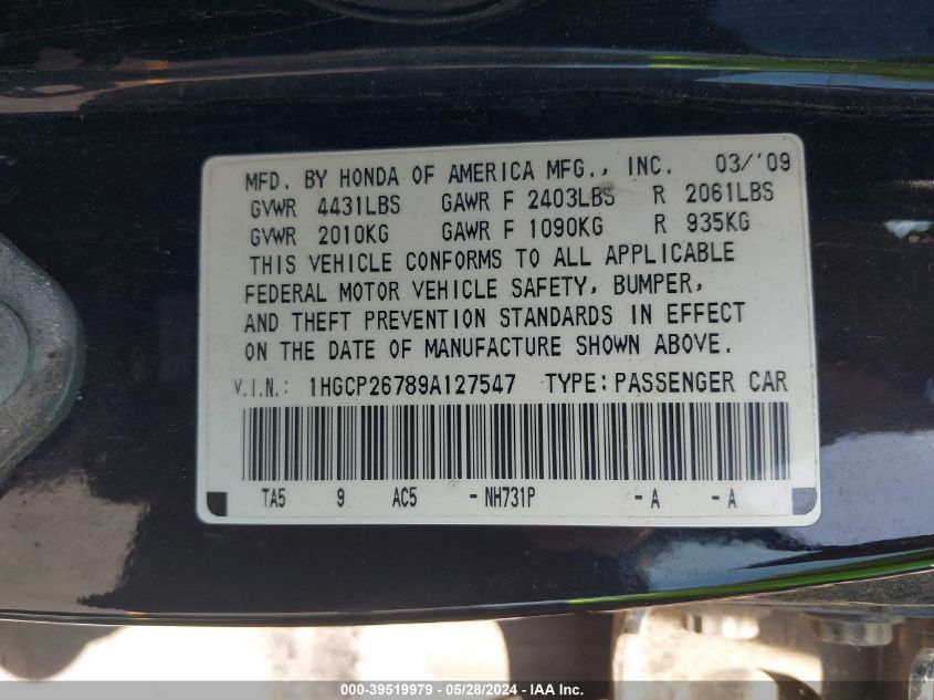 2009 Honda Accord 2.4 Ex VIN: 1HGCP26789A127547 Lot: 39519979