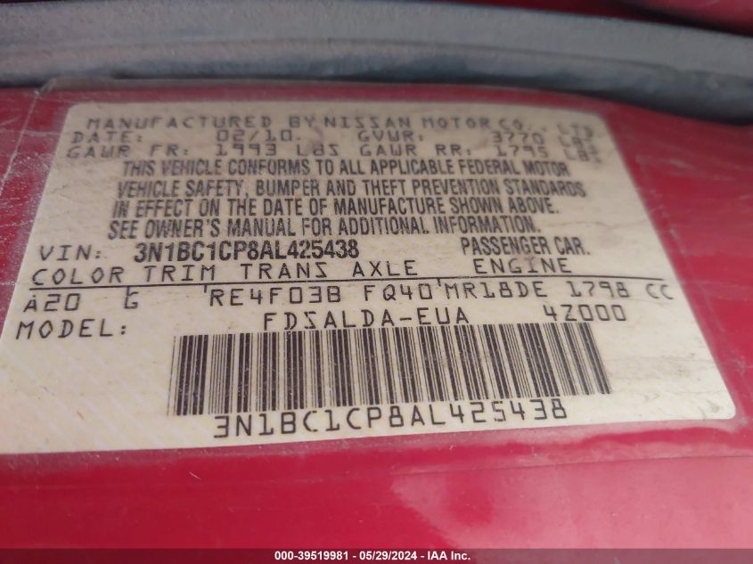 2010 Nissan Versa 1.8S VIN: 3N1BC1CP8AL425438 Lot: 39519981